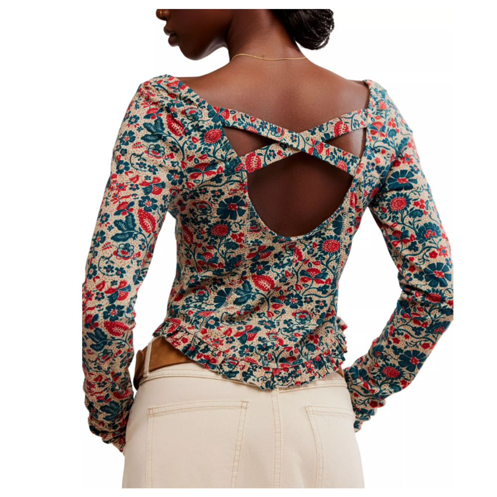 FREE PEOPLE TOP WOMENS XSMALL MELANIE FLORAL LONG SLEEVE STRETCH SHIRT SAND - Picture 3 of 13